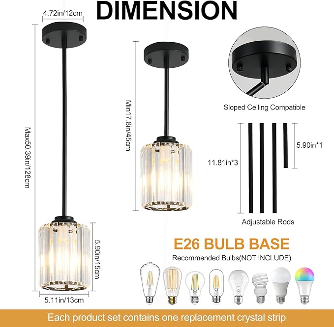 Black Pendant Lights Kitchen Island 3 Pack,Modern Crystal Mini Chandelier Ceiling Hanging Pendant Light Fixtures for Kitchen Hallway Dining Room Bedroom