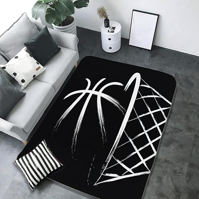 Black Basketball Hoop Area Rug, Abstract Blue Frame Dunk Non Slip Easy Care Kids Rugs, Breathable Durable Carpet for Indoor Bedroom Living Room Office Decor Rug - 3 ft x 5 ft