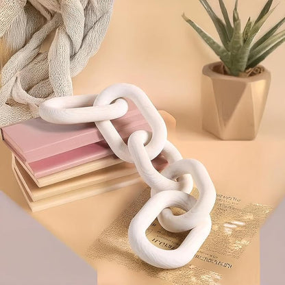 Wood Chain Link Decor, 5-Link Wooden Decorative Chain Ornament, Hand Carved Rustic Farmhouse Home Decor for Living Room, Shelves, Coffee Table (White)