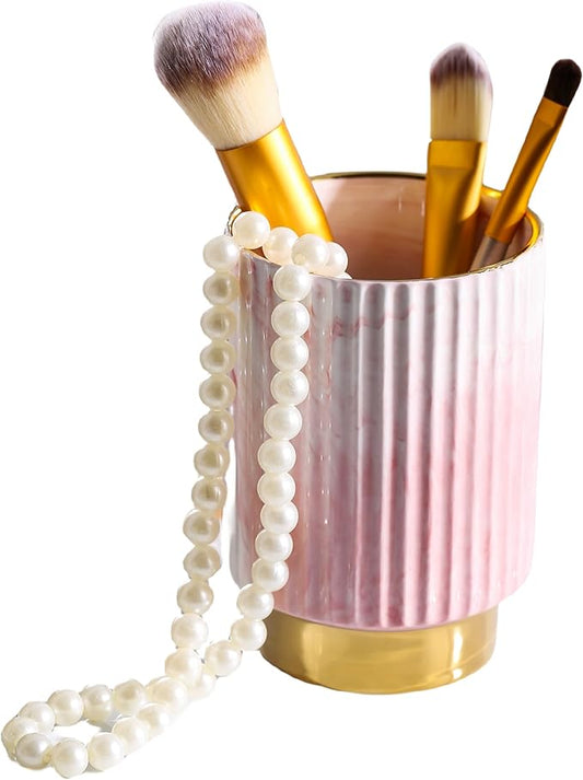 IEEK Pink and Gold Makeup Brush Holder Organizer,Glass Cosmetics Brushes Cup Eyebrow Pencil Pen Container,European Style Striped Brushes Storage,Ceramics Decor for Bathroom Dresser Vanity Desktop