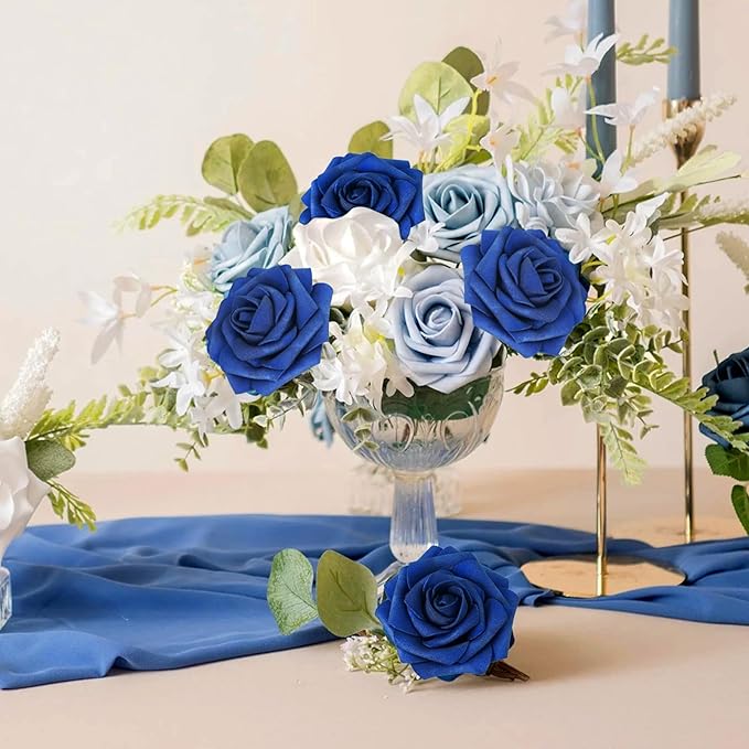 N&T NIETING Artificial Flowers Navy Blue Roses 50Pcs Fake Flowers Foam Roses with Stems for DIY Wedding Bridesmaid Bridal Bouquets Centerpieces Party Home Decoration Baby Shower