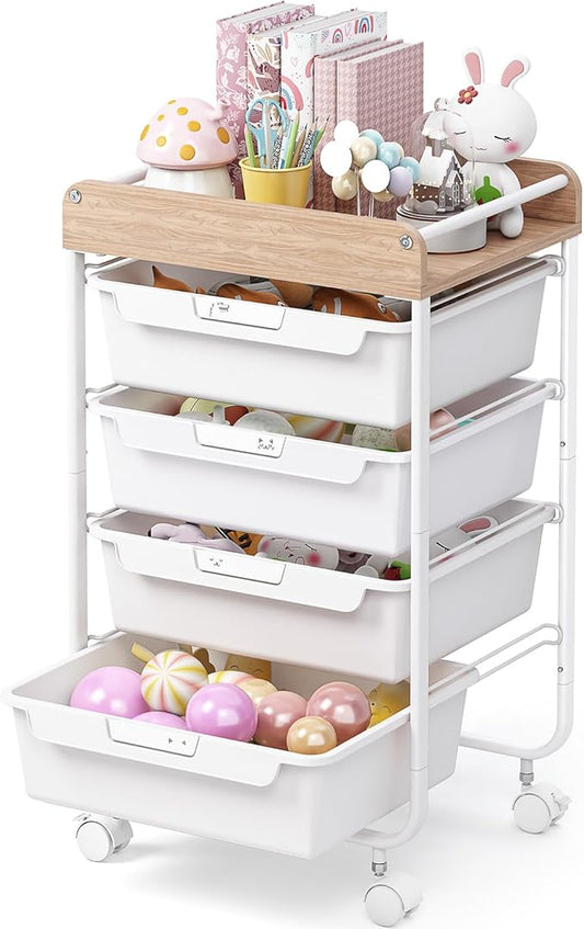 Rolling Storage Utility Cart With 4 Drawers,Kids Craft Art Cart,Makeup Organizer And Storage with Wooden Tabletop,White