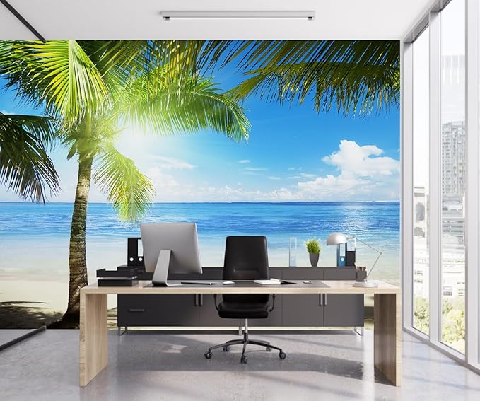Coastal Wallpaper Tropical Palm Tree Beach Landscape Wall Mural for Living Room Bedroom（Not Peel and Stick）