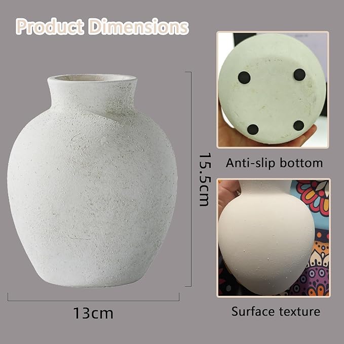 Handmade White Ceramic Vase - 6.1 Inch Farmhouse & Boho Decor for Living Room, Rustic Wabi-Sabi Centerpiece for Wedding, Fireplace Mantel
