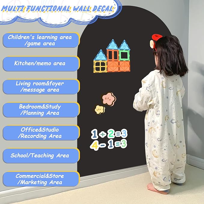 Magnetic Chalkboard Wall Decal 24''x40'' Arch - Peel and Stick Felt Removable Reusable, Easy Clean Self Adhesive Fabric Wall Decor for Home Office Kids Room-Black