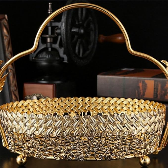 Metal Fruit Basket 11x8 Inch - Gold Decorative Storage Organizer for Coffee Table,Rustproof Iron Wire Basket with Handle for Office/Living Room