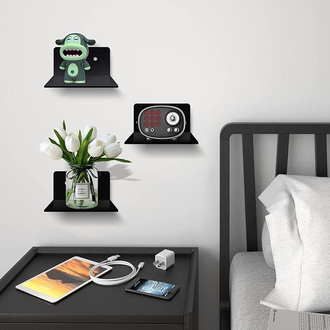 3 Pack Small Floating Shelves for Wall, 4'' Acrylic Mini Wall Shelf for Bedroom, Bathroom, Living Room, Office (2 Types of Installation)