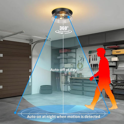 Motion Sensor Outdoor Ceiling Light, Black Modern Flush Mount Light Fixture with Clear Glass, Farmhouse Waterproof Ceiling Light for Porch, Patio, Hallway, Entryway, Garage (2 Blub Needed)