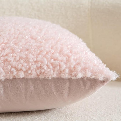 Yaertun Pack of 2 Faux Fur Throw Pillow Covers Decorative Sherpa Boucle Pillow Covers Fuzzy Soft Pillowcases Sheepskin Fleece Cushion Case for Couch Sofa Bed Living Room 16x16 Inch Pink