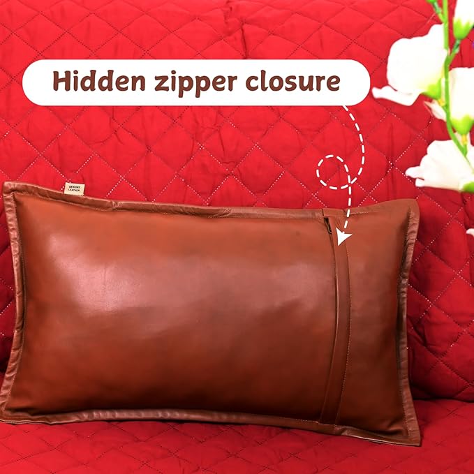 100% Lambskin Leather Pillow Cover - Sofa Cushion Case - Decorative Throw Covers for Living Room & Bedroom, 12x20 Inch - Mango Box Tan Antique Pack of 2
