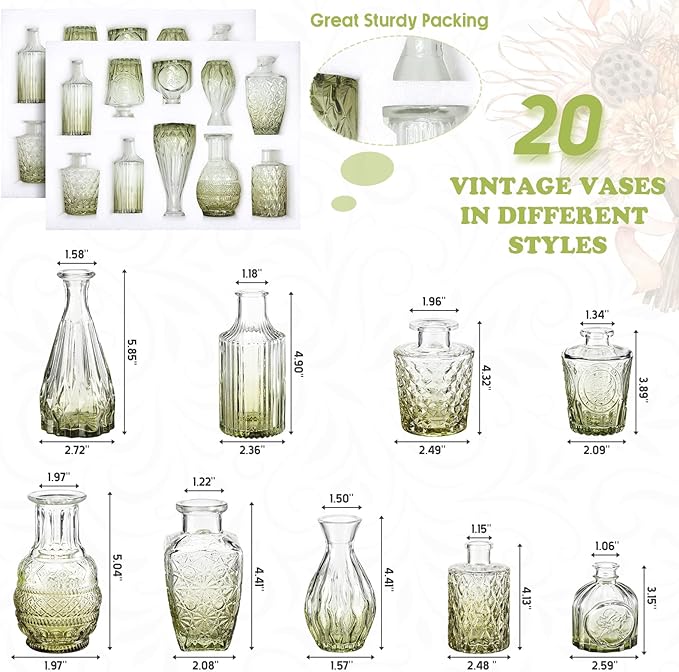 20 Pcs Glass Bud Vase Set Vintage Small Vases for Flowers in Bulk Cute Glass for Centerpieces Rustic Decorative for Wedding Table Home Christmas Decoration (Green)