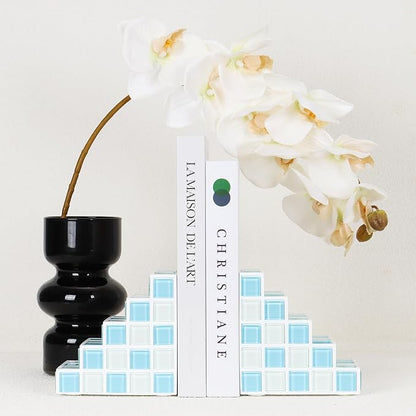 Decorative Bookends for Shelves - Stair Book Ends for Heavy Books - Unique Book Stopper & Holder for Shelves - Modern Home Decor Aesthetic Bookshelf Decor (Light Blue & White)