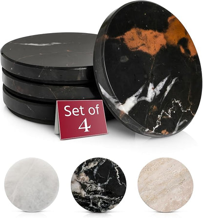 Gusto Nostro Black Marble Coasters Set of 4 - Luxury Natural Stone Coasters for Drinks - Genuine Marble Kitchen Accessories, Round Artisanal Stone Coaster for Kitchen Counter, Coffee Table, Home Decor