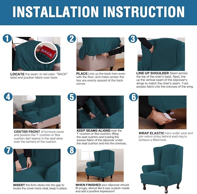 H.VERSAILTEX Wing Chair Slipcover Chair Covers for Wingback Chairs Wingback Chair Covers Slipcovers 1 Piece Stretch Sofa Cover Furniture Protector Soft Spandex Jacquard Checked Pattern, Deep Teal
