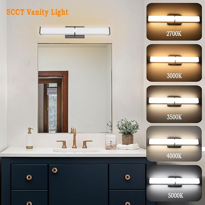 15.74Inch 2000LM Bathroom Light Fixtures 5CCT Optional, Black Modern LED Vanity Lights Clear Shade, Dimmable Bathroom Lighting Fixtures Over Mirror - ETL Listed