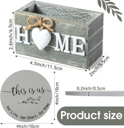 Queekay Coasters Set of 6 House Warming Gifts New Home Wooden Farmhouse Drink Coasters with Holder 4'' Funny Decoration for Kitchen Family Coffee Bar Tabletop Protection(Gray)