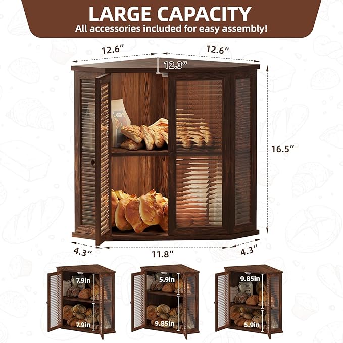 Corner bread box Bread Box for Kitchen Countertop - Corner Bread Storage Box 16.51" H, Premium Pine Wood with Glass Door, Perfect for Homemade Bread, Baguettes & Pastries (Pine wood)
