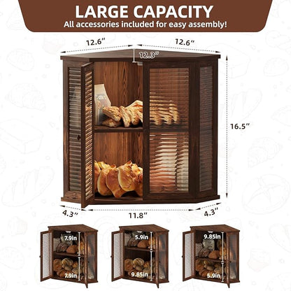 Corner bread box Bread Box for Kitchen Countertop - Corner Bread Storage Box 16.51" H, Premium Pine Wood with Glass Door, Perfect for Homemade Bread, Baguettes & Pastries (Pine wood)