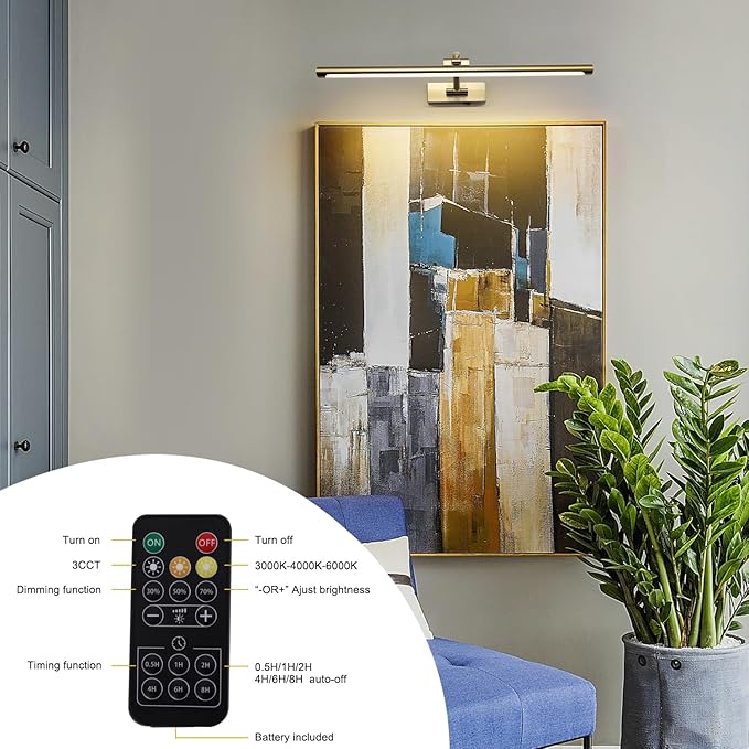 5W LED Wireless Picture Lights with Remote and Timer 23.6 Inch Rechargeable Brass Gallery Lighting Battery Operated Art Lights Over Frame Portrait