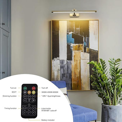 5W LED Wireless Picture Lights with Remote and Timer 23.6 Inch Rechargeable Brass Gallery Lighting Battery Operated Art Lights Over Frame Portrait