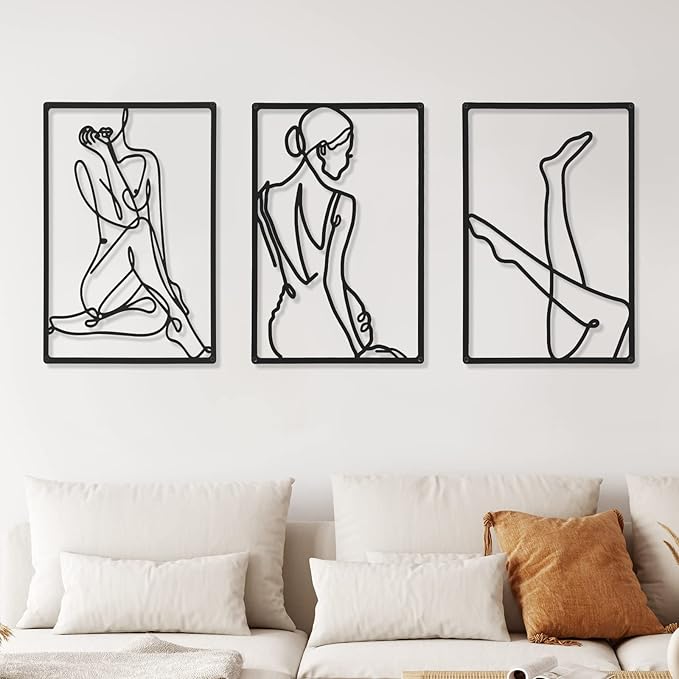 CHENGU 3 Pieces Metal Minimalist Abstract Woman Wall Art Line Drawing Wall Art Decor Single Line Female Home Hanging for Kitchen Bathroom Living Room