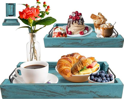 Comfify Rustic Wooden Serving Trays with Handle - Set of 2 - Large and Small Nesting Multipurpose Trays - for Breakfast, Coffee Table/Butler & More - Rustic Blue