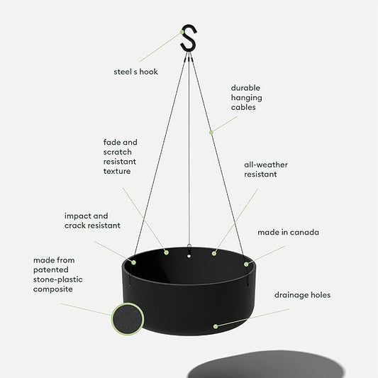 Veradek Mason Series Hanging Kona Planter - Round Planter for Outdoor Balcony/Patio | Made from Plastic-Stone Composite with Hanging Attachment | Modern Décor for, Flowers, Succulents, Small Plants