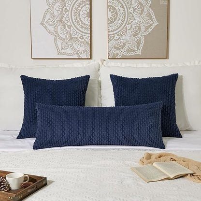 Kevin Textile 14x36 Inch Long Lumbar 1 Pack Boho Decorative Throw Pillow Cover Soft Striped Corduroy Rectangle Cushion Case Farmhouse Solid Color Accent for Living Room Couch Sofa Bed, Navy Blue