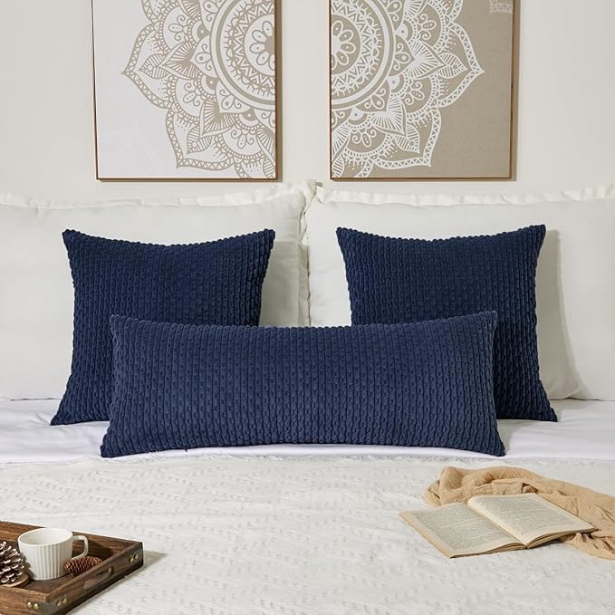 Kevin Textile 20x54 Inch Long Body Lumbar 1 Pack Boho Decorative Throw Pillow Cover Soft Striped Corduroy Rectangle Cushion Case Farmhouse Accent for Living Room Couch Sofa Bed, Navy Blue