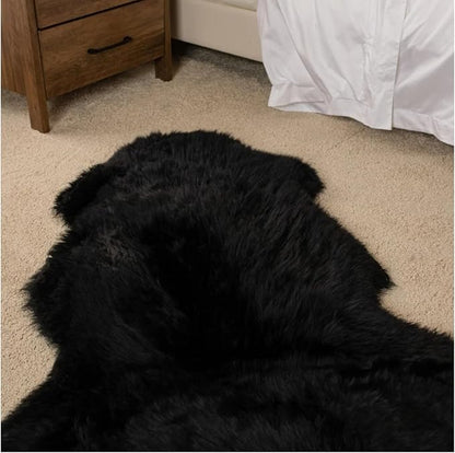 Woolous Genuine Black Sheepskin Rug 2x6 ft – Real Sheep Skin Double Pelt Runner Rug, Soft Thick Plush Fur Carpet for Bedroom, Living Room & Nursery