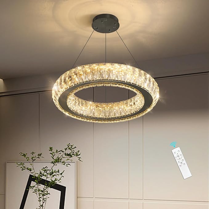 Modern Chandelier Crystal LED Dimmable Ring Pendant Lights Adjustable Hanging Lighting Chandeliers Fixtures for Dining Room Bedroom Kitchen Island Table Black Light