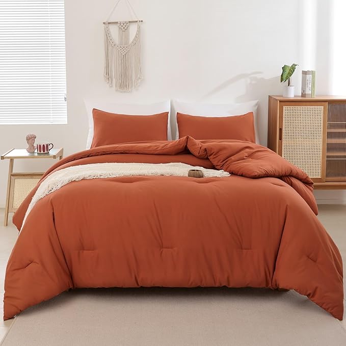 ROSGONIA Full Size Comforter Sets for Girls Boys Teens Burnt Orange,3pcs(1 Boho Comforter & 2 Pillowcases) Terracotta Dorm Bedding Kids Comforter Sets