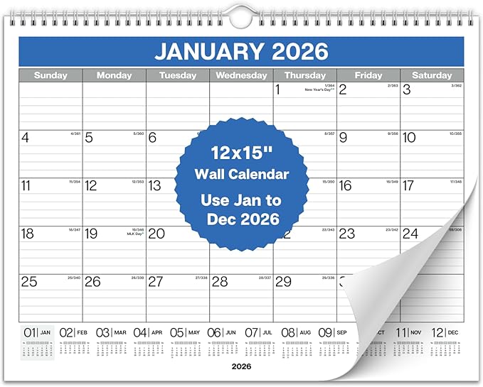 Dunwell 2026 Wall Calendar 12x15 (Blue), Large Lined Monthly Calendar, Jan – Dec 2026, 12 x 15 Size, Professional Style for Home, Office, School or Organization