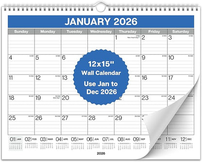 Dunwell 2026 Wall Calendar 12x15 (Blue), Large Lined Monthly Calendar, Jan – Dec 2026, 12 x 15 Size, Professional Style for Home, Office, School or Organization