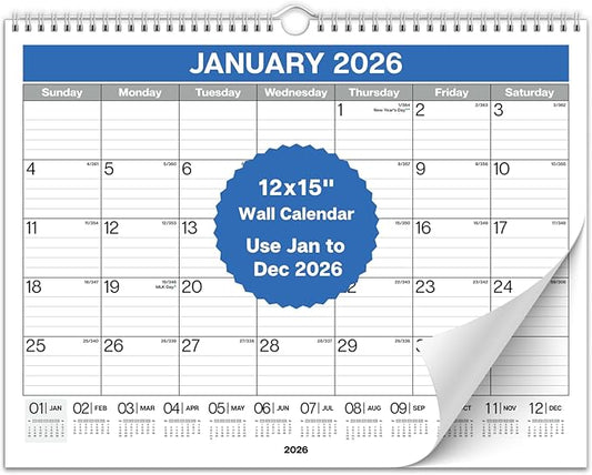Dunwell 2026 Wall Calendar 12x15 (Blue), Large Lined Monthly Calendar, Jan – Dec 2026, 12 x 15 Size, Professional Style for Home, Office, School or Organization