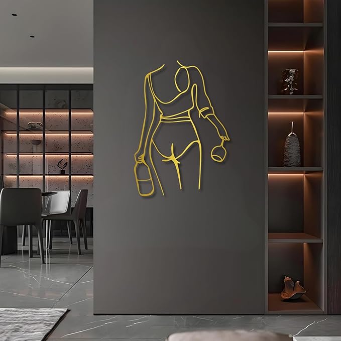 Metal Wall Art Woman Drinking Wine,Gold 30.3"x21.7",Modern Minimalist Abstract Line Sculpture, Feminine Wall Decor for Living Room, Dining Room, Bar, Kitchen, Perfect Wine Lover Birthday Housewarming Gift