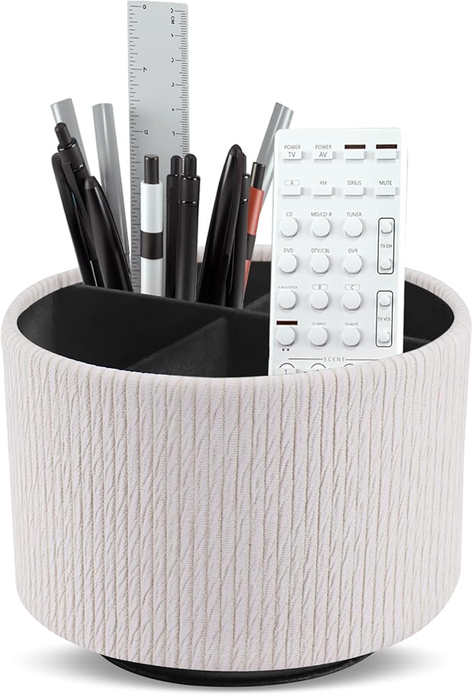 Round Leather Art Supply Organizer,Remote Control Holder,360 Degree Spinning,Multi-Functional Pencil Holder,4 Compartments Desktop Stationary Organizer(1-Wood Beige)