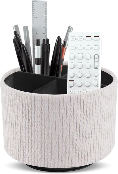 Round Leather Art Supply Organizer,Remote Control Holder,360 Degree Spinning,Multi-Functional Pencil Holder,4 Compartments Desktop Stationary Organizer(1-Wood Beige)