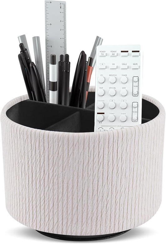 Round Leather Art Supply Organizer,Remote Control Holder,360 Degree Spinning,Multi-Functional Pencil Holder,4 Compartments Desktop Stationary Organizer(1-Wood Beige)