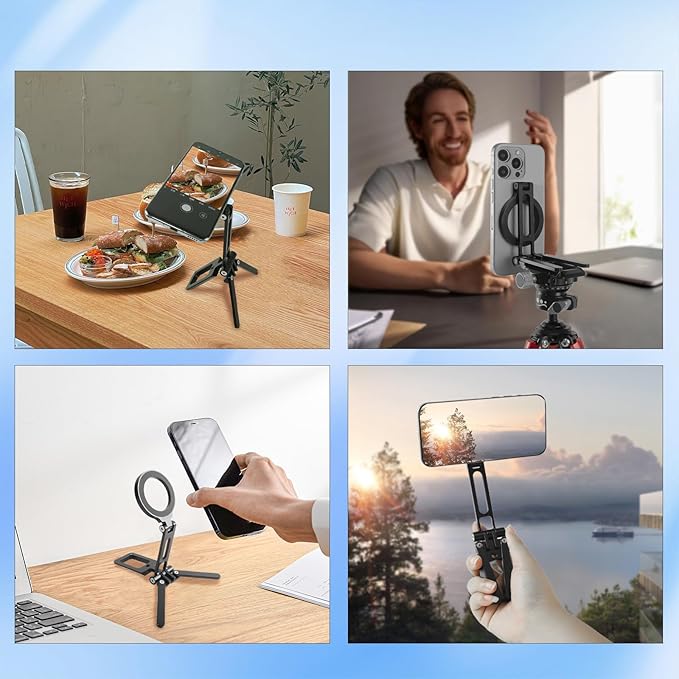FIFIELD Magnetic Phone Tripod Stand 1/4" Screw Aluminum Mini Foldable Tripod for Cell Phone, Travel Essential Adjustable iPhone Stand for Desk/Handheld, Compatible with iPhone 16/15/14/13/12 Series
