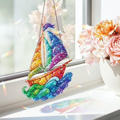Sunlit Sailboat Waves Acrylic Suncatcher, Window Hanging Sun Catcher Ornament, Crystal Prism Light Catcher Decor, Sunlight Window Decor, Aesthetic Home Decor Gift