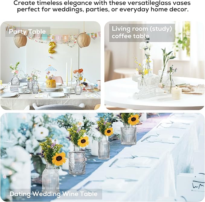 Glass Bud Vases Set of 16 - Small Clear Mini Flower Vases for Wedding Centerpieces, Bulk Vintage Table Decor, Home, Party & Floral Arrangements