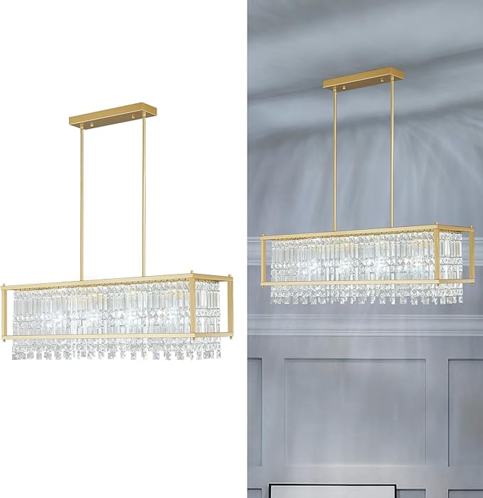 LMQNINE Modern Rectangle Chandelier for Dining Room, Gold Crystal Chandelier Linear Light Fixture, Farmhouse Chandeliers for Kitchen Island, Bar Table, L35.43'' x W11.81'' x H9.84''