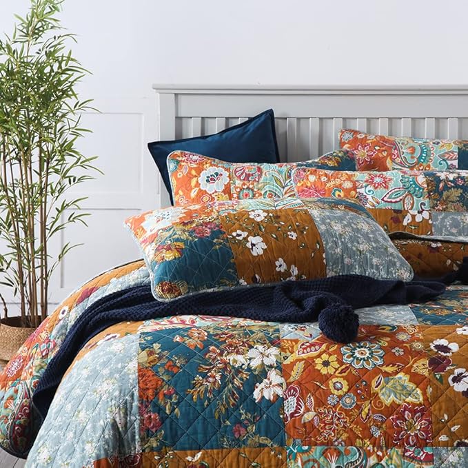 Cotton Bedspread Quilt Sets Reversible Bedding Coverlet Sets 3 Pieces Paisley Vintage Floral Yellow Blue Patchwork Bedspread, King Size