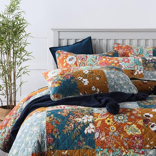 Cotton Bedspread Quilt Sets Reversible Bedding Coverlet Sets 3 Pieces Paisley Vintage Floral Yellow Blue Patchwork Bedspread, Queen Size