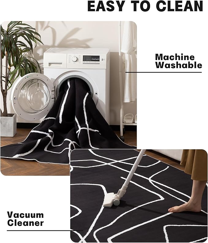 YIHOUSE Modern Washable Area Rug for Living Room Bedroom - Large Abstract Black and White Rug Non-Slip Ultra-Thin Home Decor (Dark Abstract, 8'x10'ft)
