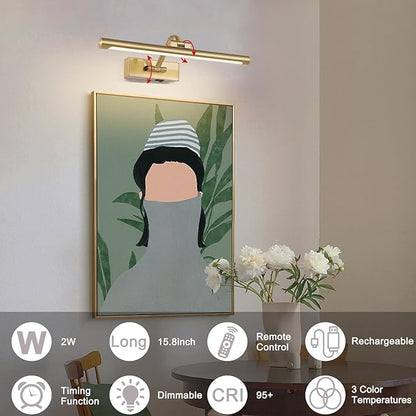 Wireless Picture Lights for Wall Battery Operated Brass Art Light for Paintings with Remote 3CCT Dimmable Potrait Lighting Rotatable Display Lighting 16" Rechargeable Wall Lamp for Frame Dartboard