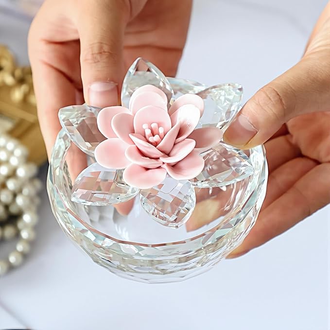 Crystal Jewelry Box, Small Glass Trinket Jar with Lid, Clear Lotus Flower Storage Holder for Women, Elegant Organizer Dish for Ring, Earrings, Necklace, Gift (Pink Flower)