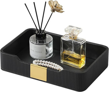 Valet Tray Desktop Storage Organizer, PU Leather Catchall Bedside Vanity Tray with Brass Accents Block Nightstand Organizer for Keys Watch Wallet Phone, Decorative Nightstand Storage (Black)