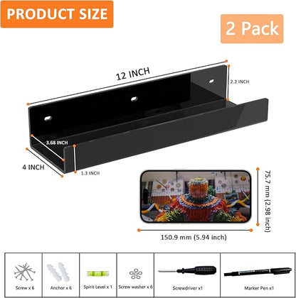 12 Inches Black Acrylic Wall Shelf for Home, 2 Pack, Acrylic Organizer Shelves for Wall, Wall Mounted Storage Display Shelf